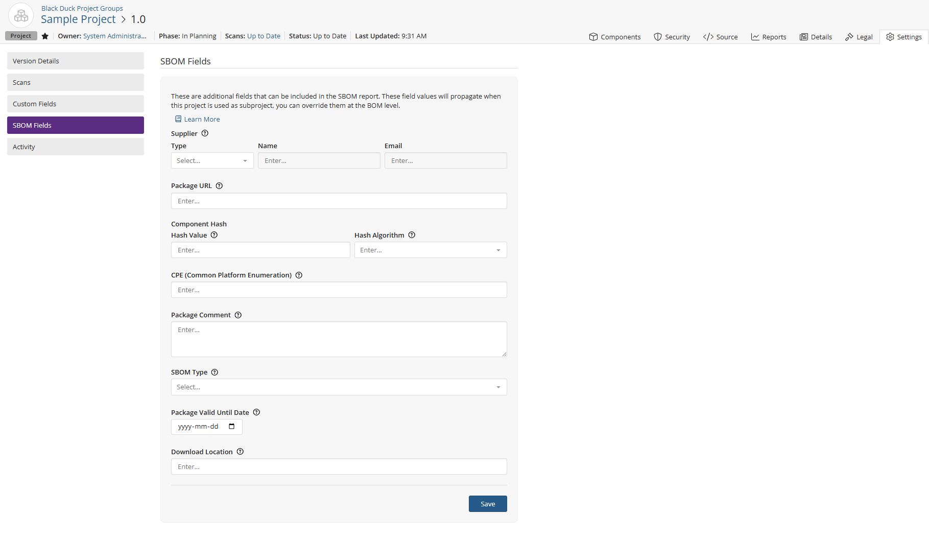 SBOM Fields dialog box