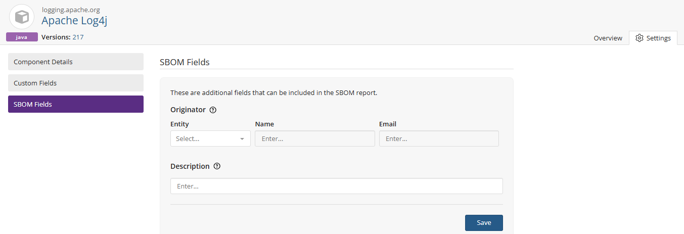 SBOM Fields tab of the Component page
